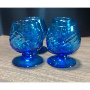 Set Of 4 Vintage Blue Glass Cordial Shot Glasses Handblown Textured Design